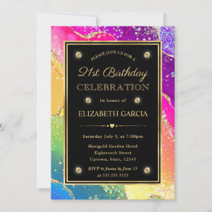 Elegant Rainbow Glitter Agate & Gold 21st Birthday Invitation