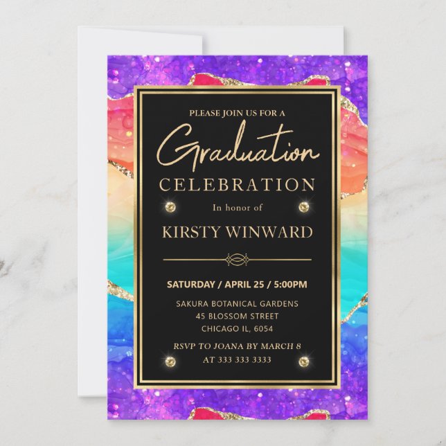 Elegant Rainbow Glitter Agate & Gold Graduation Invitation (Front)