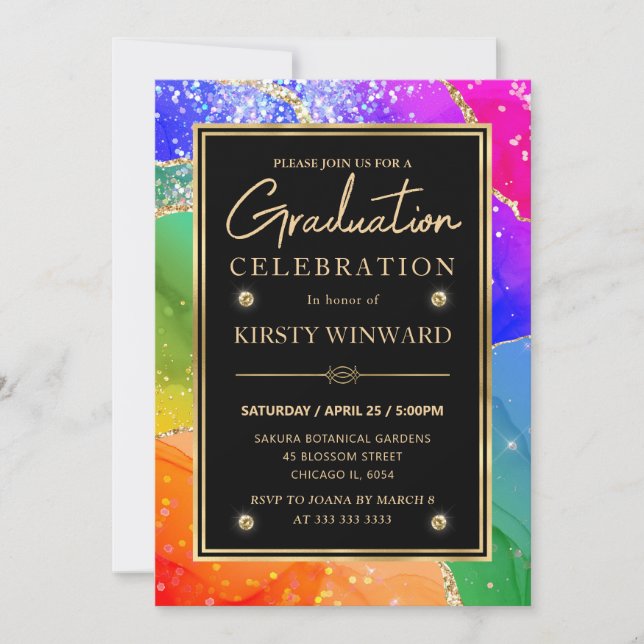 Elegant Rainbow Glitter Agate & Gold Graduation Invitation (Front)