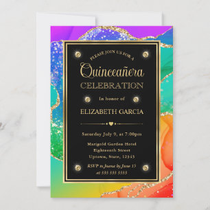 Elegant Rainbow Glitter Agate & Gold Quinceanera Invitation