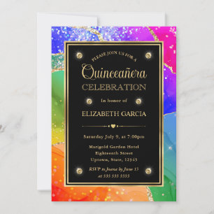 Elegant Rainbow Glitter Agate & Gold Quinceanera Invitation