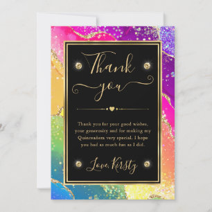 Elegant Rainbow Glitter Agate & Gold Quinceanera Thank You Card
