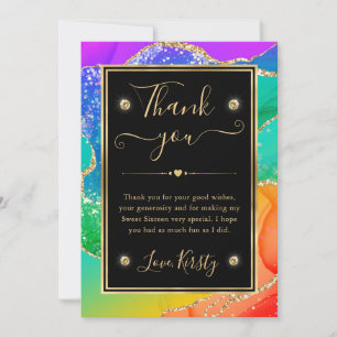 Elegant Rainbow Glitter Agate & Gold Sweet Sixteen Thank You Card
