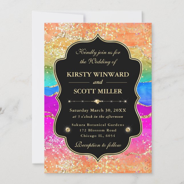 Elegant Rainbow Gold Glitter Frame Wedding Invitation (Front)
