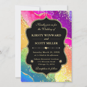Elegant Rainbow Gold Glitter Frame Wedding Invitation