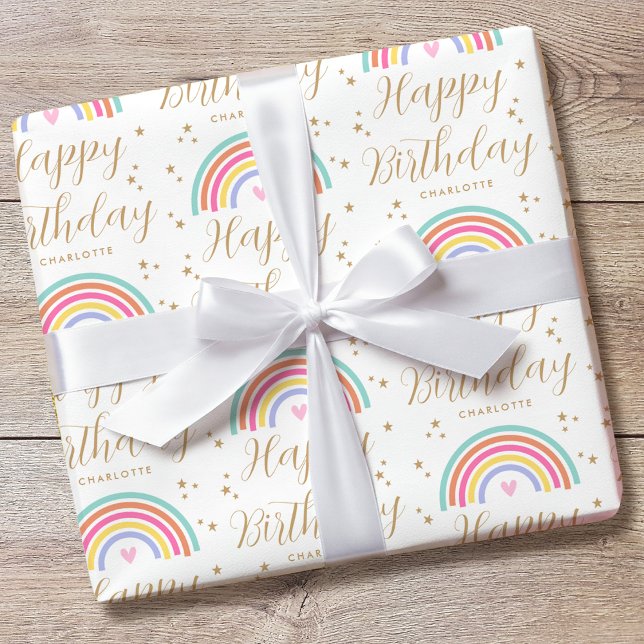 Elegant Rainbow Heart Happy Birthday Name Wrapping Paper (Creator Uploaded)