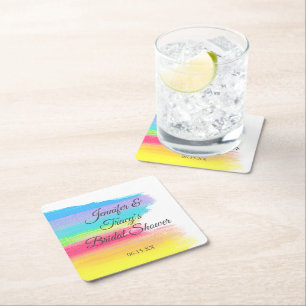 Elegant Rainbow Personalised Lesbian Bridal Shower Square Paper Coaster