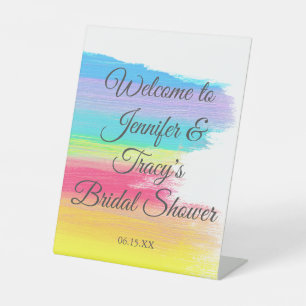 Elegant Rainbow Personalized Lesbian Bridal Shower Pedestal Sign