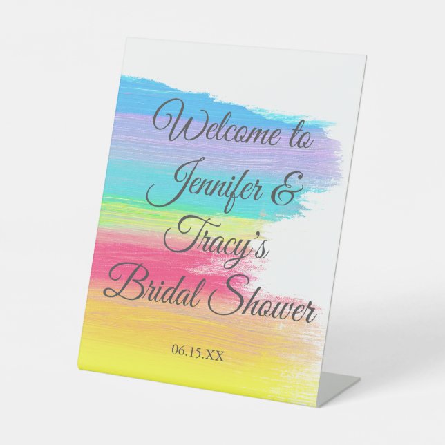 Elegant Rainbow Personalized Lesbian Bridal Shower Pedestal Sign (Front)