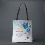 Elegant Rainbow Silver and Blue Butterfly Wedding Tote Bag<br><div class="desc">Design your own elegant personalised template butterfly tote bags with an easy-to-use DIY template. Customise the front with your names, a date, and optionally add additional custom text to the back in an elegant calligraphy script. Prefer a different typography? You can edit the modern fonts to a typography that best...</div>