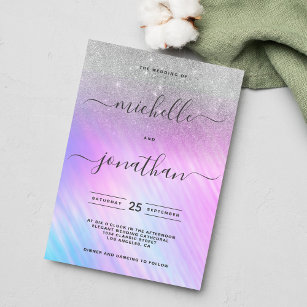 Elegant Rainbow Silver Glitter Holographic Wedding Invitation