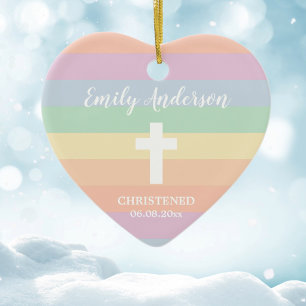 Elegant Rainbow Stripes Christening Baptism Ceramic Tree Decoration