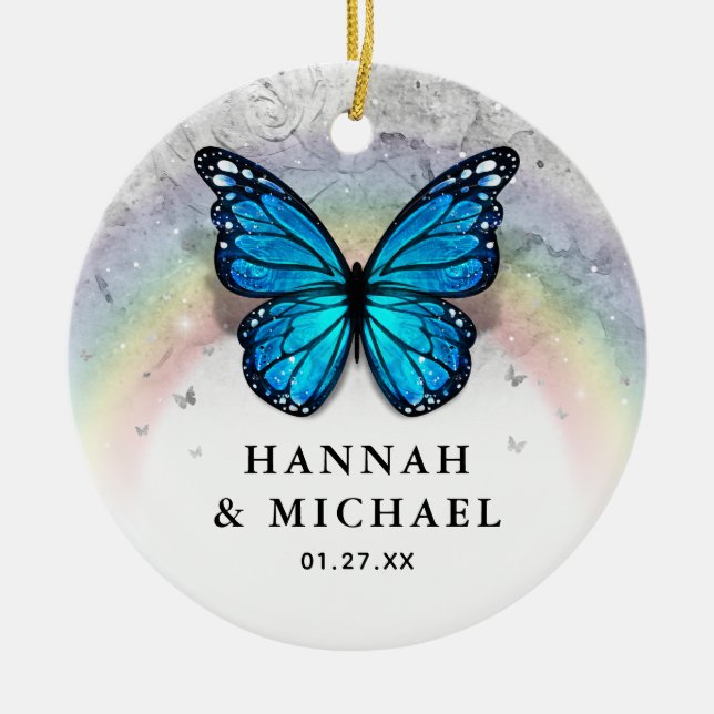 Elegant Rainbow Template Blue Butterfly Wedding Ceramic Tree Decoration (Front)