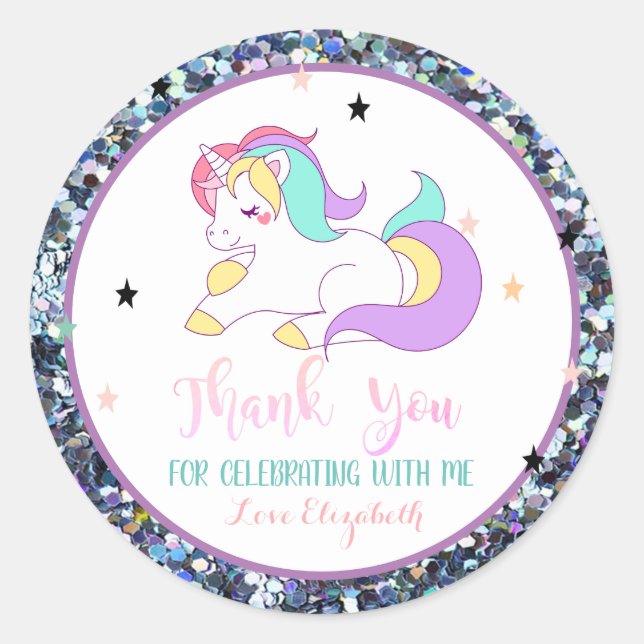 Elegant Rainbow  Unicorn, Stars, Glitter Classic Round Sticker (Front)