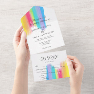 Elegant Rainbow Watercolor LGBTQ Wedding & RSVP All In One Invitation