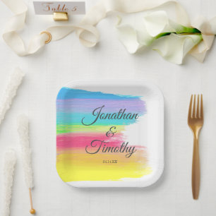 Elegant Rainbow Watercolor Modern LGBTQ Wedding Paper Plate