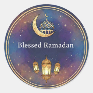 Elegant Ramadan Mubarak Night Stars & Gold Lantern Classic Round Sticker