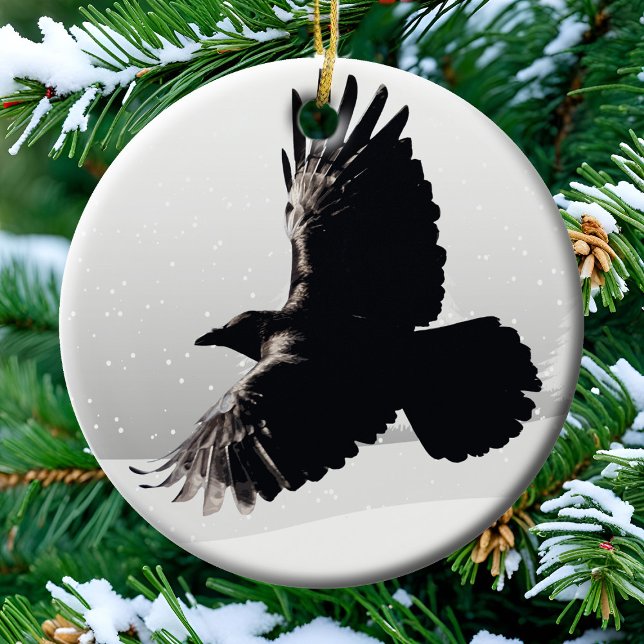 Elegant Raven Spirit Bird in Winter Snow Cabincore Ceramic Tree Decoration (Raven spirit black bird in flight winter solstice ornament)