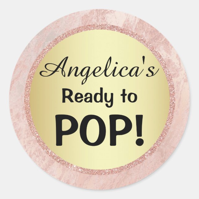 Elegant Ready to Pop Baby Shower Gold Pink Glitter Classic Round Sticker (Front)