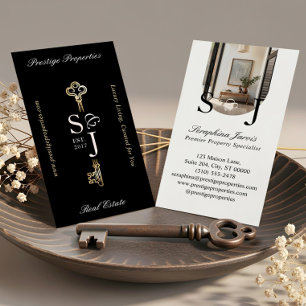 Elegant Real Estate Black Gold Key Monogram Photo Business Card