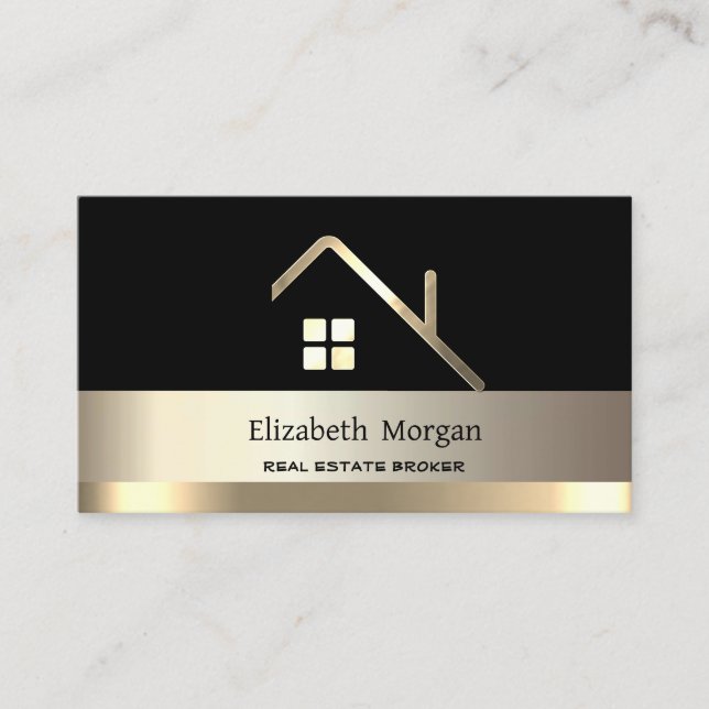 Elegant Real Estate Broker House Gold Roof Black Business Card (Front)