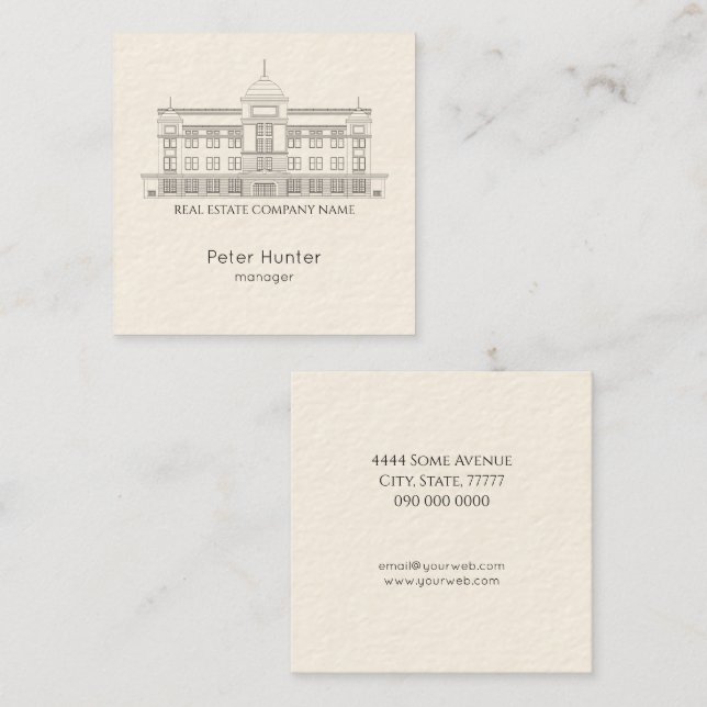 Elegant Real Estate Building Sketch Square  Business Card (Front/Back)