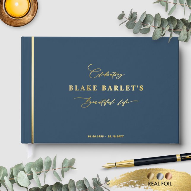 Elegant Real Foil, Blue Funeral/ Life Celebration Guest Book (Creator Uploaded)