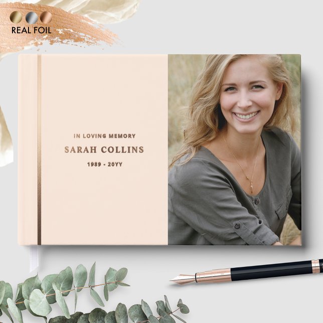 Elegant Real Foil, In Loving Memory Peach Funeral Guest Book (Creator Uploaded)
