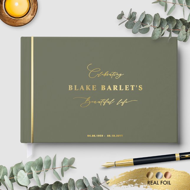 Elegant Real Foil, Olive Funeral/ Life Celebration Guest Book (Creator Uploaded)