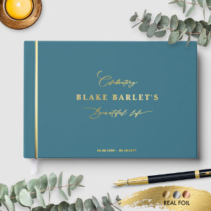 Elegant Real Foil, Teal Funeral/ Life Celebration Guest Book