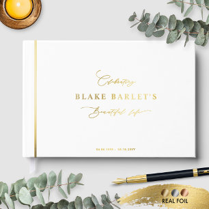 Elegant Real Foil, White Funeral/ Life Celebration Guest Book
