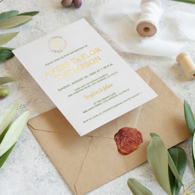 Elegant Real Gold Cross Watercolor laurel Baptism (Elegant real gold foil baptism gold cross wreath invitation
)