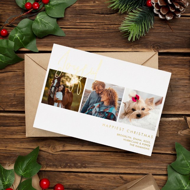 Elegant Real Gold Effect Joyful 3 Photos Christmas (Elegant Gold Effect Joyful 3 Photos Christmas Metallic Foil Holiday Card with Envelope. )