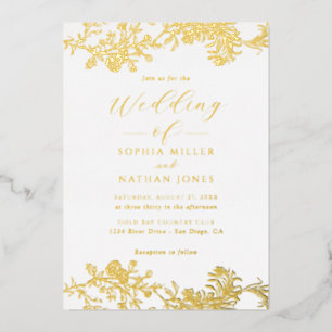 Elegant Real Gold Foil Floral Lace Script Wedding