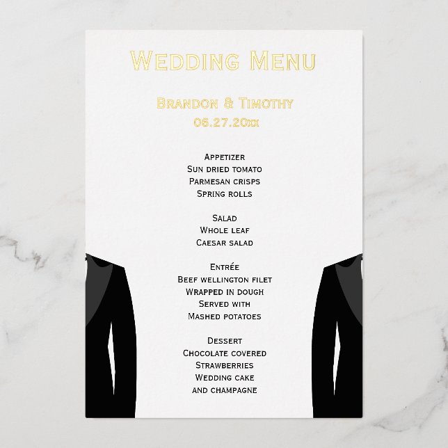 Elegant Real Gold Foil Gay Wedding Menu Cards (Front)