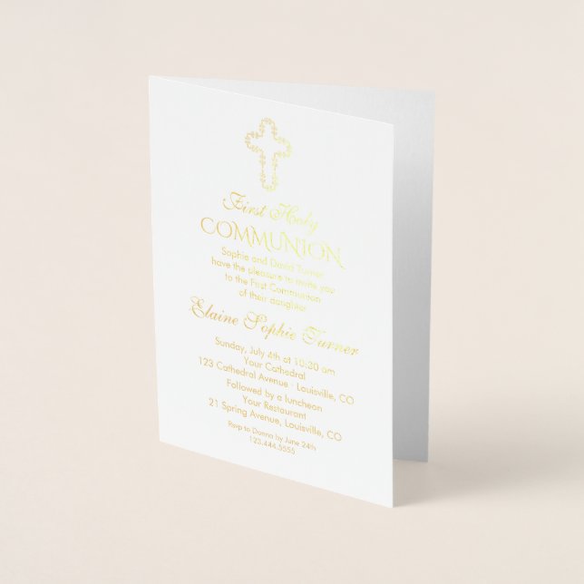Elegant Real Gold Foil Girl First Holy Communion Card (Front)