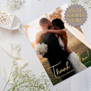 Elegant Real Gold Foil Photo Wedding Thank You Foil Invitation Postcard