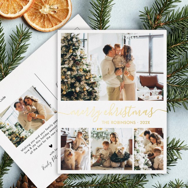 Elegant Real Gold Foil Script 4 Photo Collage  Holiday Postcard (Creator Uploaded)