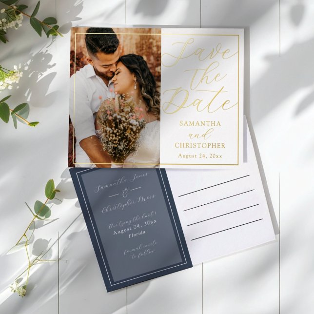 Elegant Real Gold & Photo Save the Date Wedding Foil Holiday Postcard (Creator Uploaded)