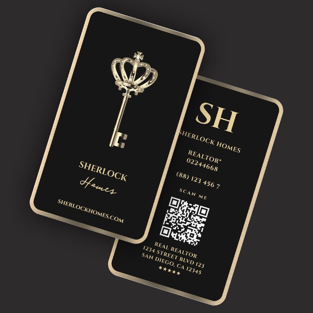 Elegant Realtor Crown Key Black Faux Gold Trim  Business Card (Creator Uploaded)