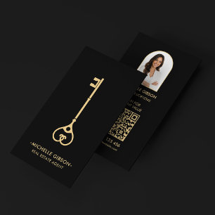 Elegant Realtor Photo Real Estate Agent Key Black  Business Card