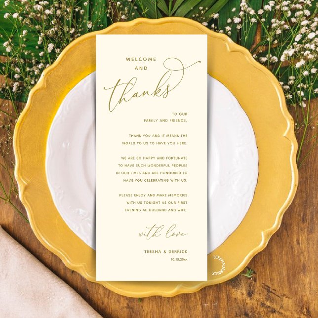 Elegant Reception "Welcome and Thanks" Guest Card (Modern Elegant Wedding Reception "Welcome and Thanks" Table Card for Guest in Yellow Gold)