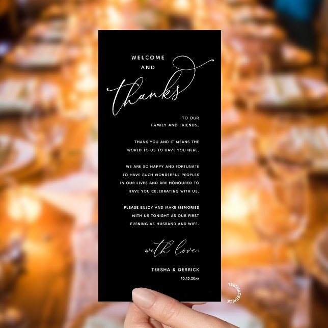 Elegant Reception "Welcome and Thanks" Guest Card (Modern Elegant Wedding Reception "Welcome and Thanks" Table Card for Guest in Black White)