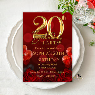 ELEGANT RED 20TH BIRTHDAY INVITATIONS CARDS GIRL