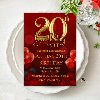 ELEGANT RED 20TH BIRTHDAY INVITATIONS CARDS GIRL