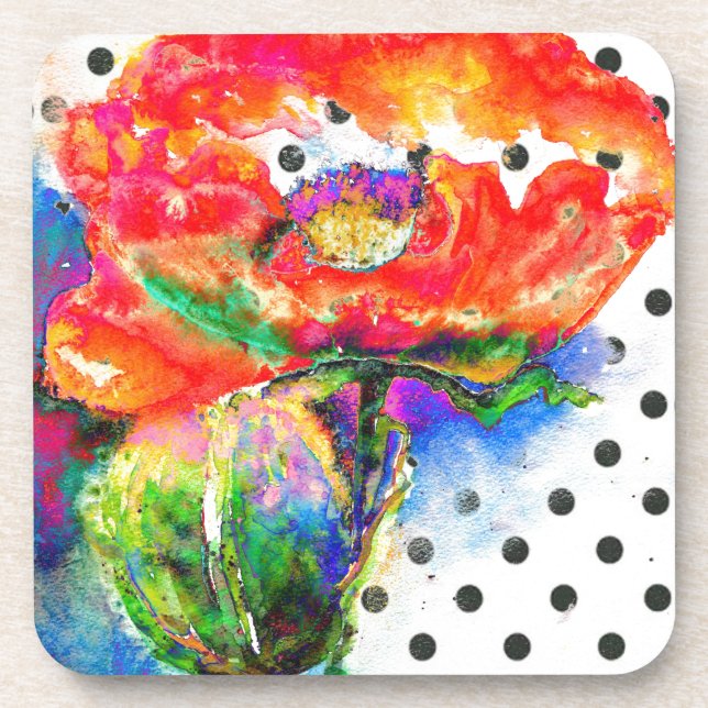 Elegant red abstract floral watercolor painting coaster (Front)