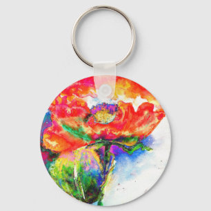 Elegant red abstract floral watercolor painting key ring