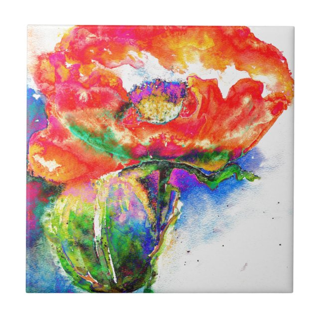 Elegant red abstract floral watercolor painting tile (Front)