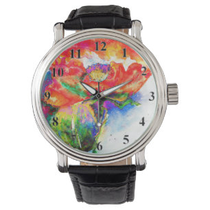 Elegant red abstract floral watercolor painting watch