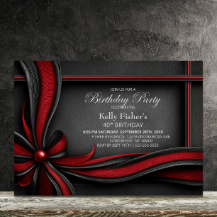 Elegant Red and Black Bow 40th Birthday Party Invitation